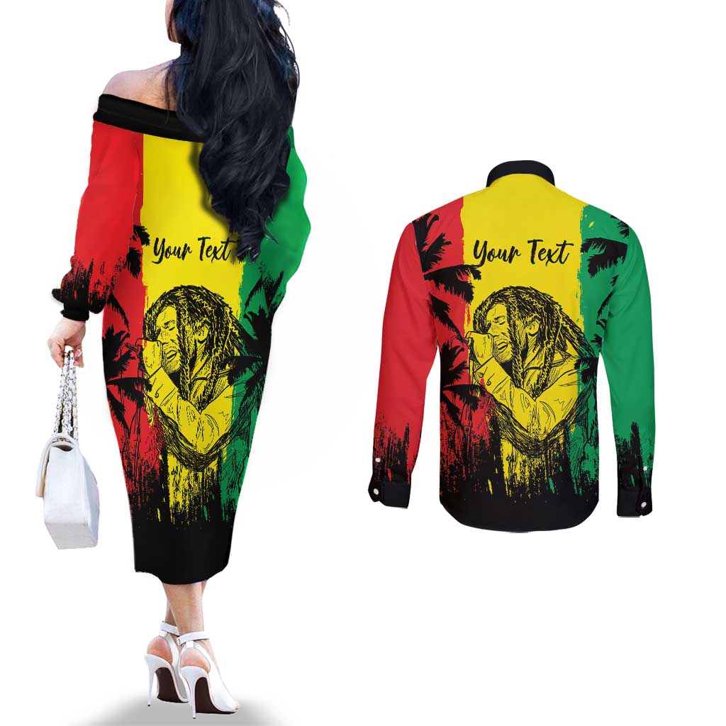 Reggae Soul B.Marley Personalized Couples Matching Off The Shoulder Long Sleeve Dress and Long Sleeve Button Shirt Tropical Grunge