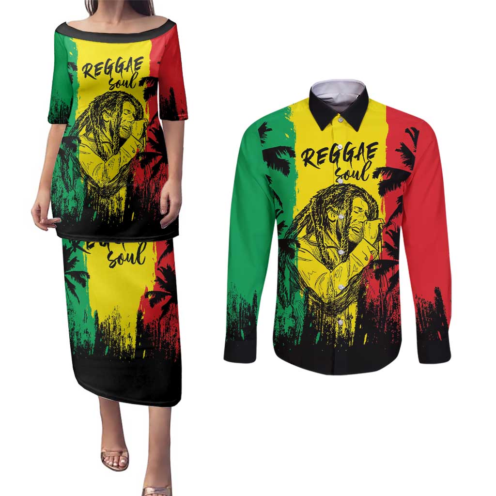 Reggae Soul B.Marley Personalized Couples Matching Puletasi and Long Sleeve Button Shirt Tropical Grunge