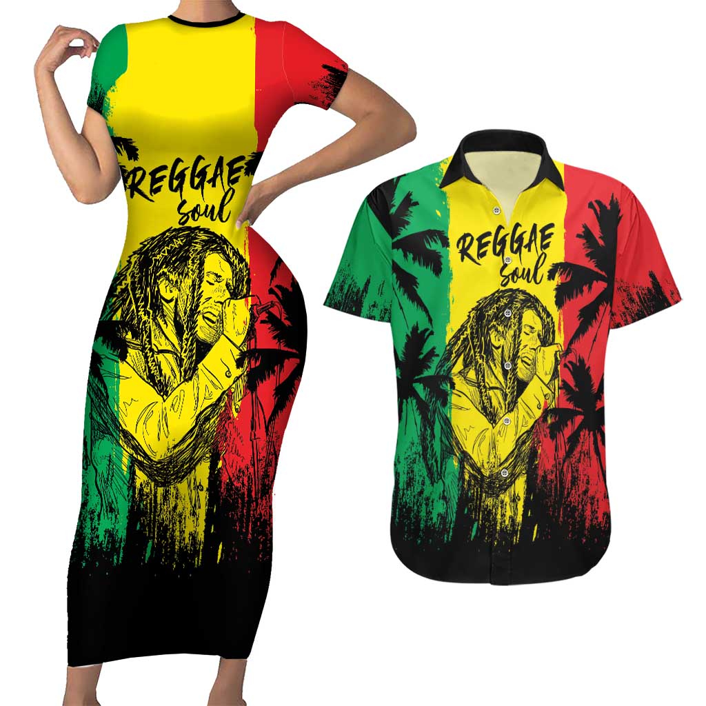 Reggae Soul B.Marley Personalized Couples Matching Short Sleeve Bodycon Dress and Hawaiian Shirt Tropical Grunge