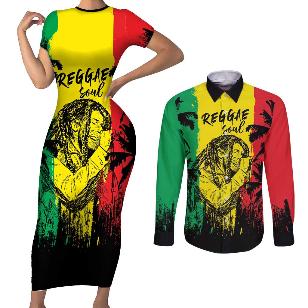Reggae Soul B.Marley Personalized Couples Matching Short Sleeve Bodycon Dress and Long Sleeve Button Shirt Tropical Grunge