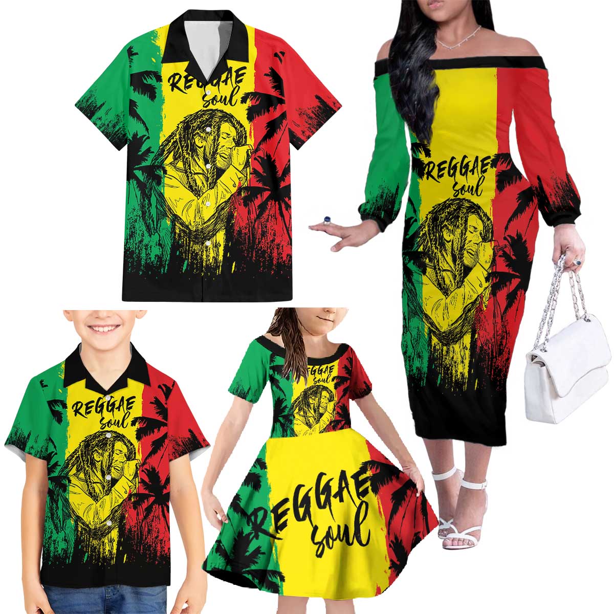 Reggae Soul B.Marley Personalized Family Matching Off The Shoulder Long Sleeve Dress and Hawaiian Shirt Tropical Grunge