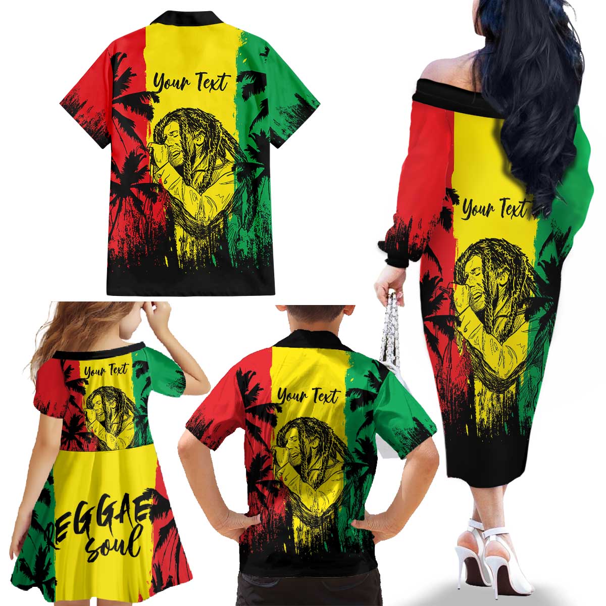 Reggae Soul B.Marley Personalized Family Matching Off The Shoulder Long Sleeve Dress and Hawaiian Shirt Tropical Grunge