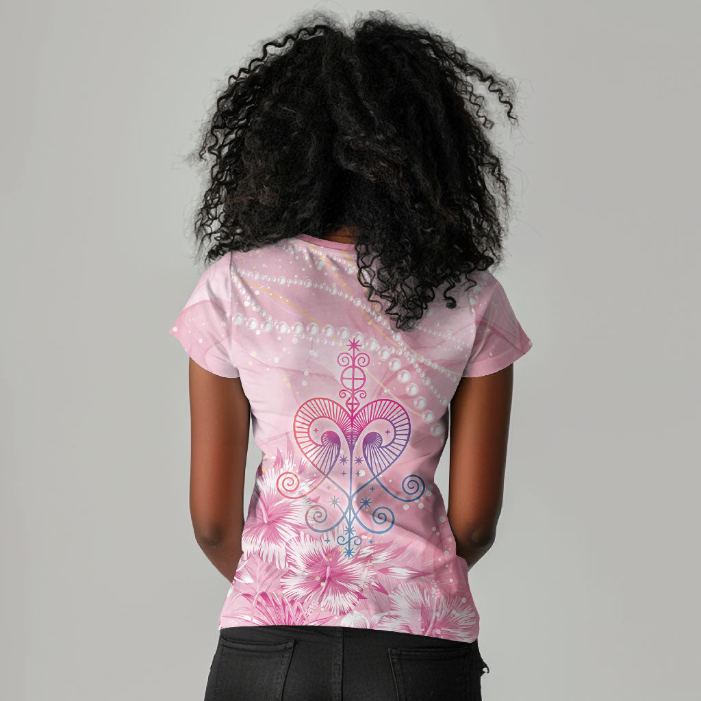 Afro Vodou Erzulie Freda Women V-Neck T-Shirt Hibiscus & Pearls