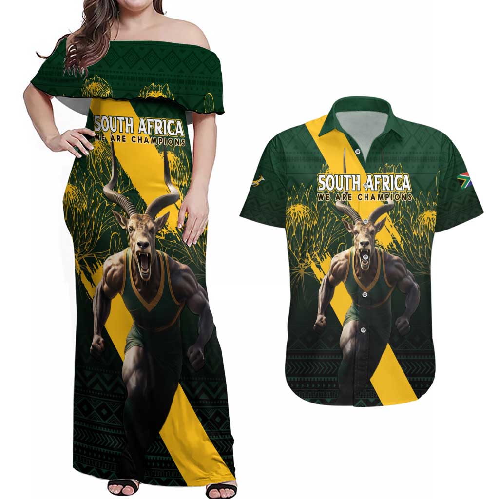 Personalised South Africa Rugby Couples Matching Off Shoulder Maxi Dress and Hawaiian Shirt Proud Bokke We Are Champions LT7 - Wonder Print Shop