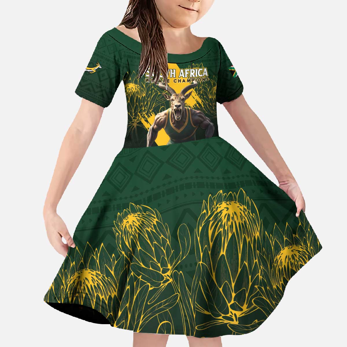 Personalised South Africa Rugby Family Matching Off The Shoulder Long Sleeve Dress and Hawaiian Shirt Proud Bokke We Are Champions - Wonder Print Shop