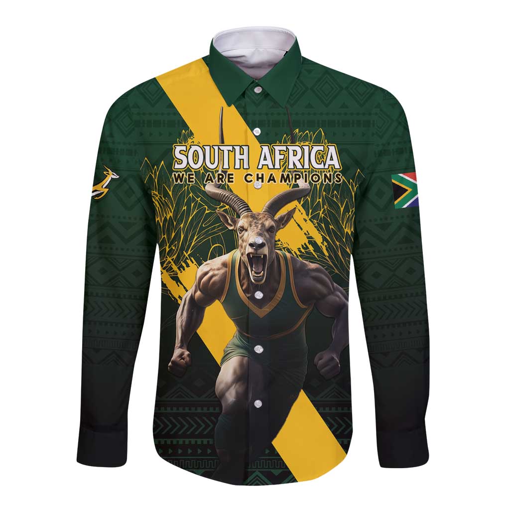 Personalised South Africa Rugby Long Sleeve Button Shirt Proud Bokke We Are Champions - Wonder Print Shop