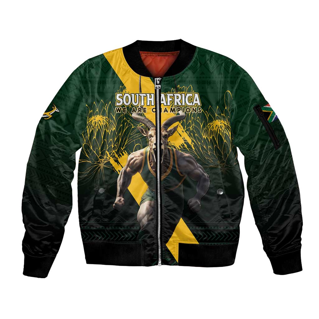 Personalised South Africa Rugby Sleeve Zip Bomber Jacket Proud Bokke We Are Champions - Wonder Print Shop