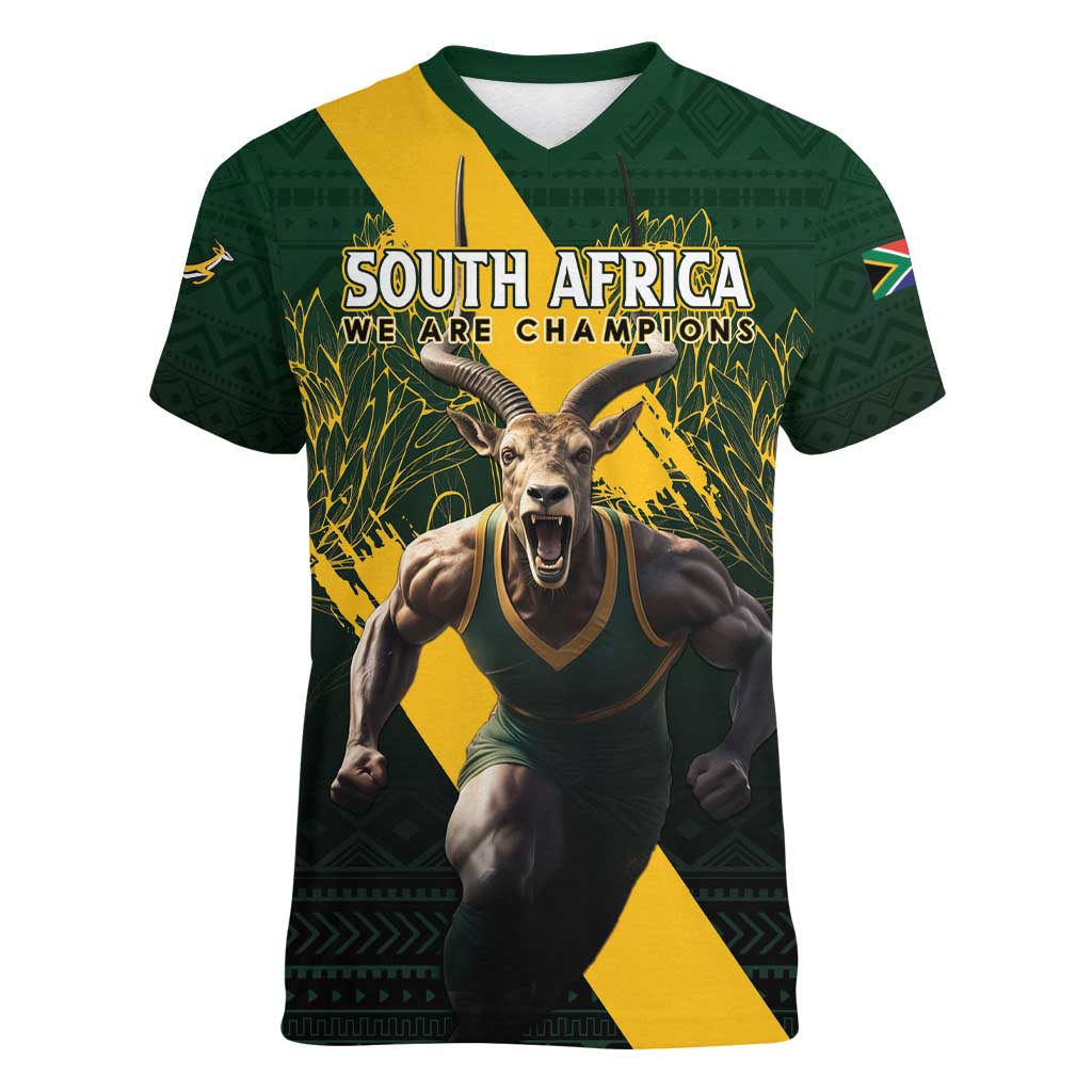 Personalised South Africa Rugby Women V-Neck T-Shirt Proud Bokke We Are Champions - Wonder Print Shop