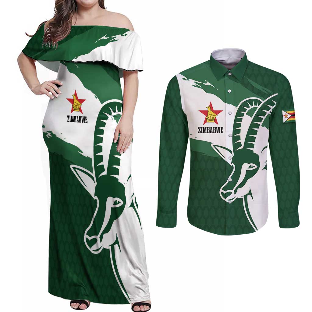 Zimbabwe Rugby Personalized Grunge Couples Matching Off Shoulder Maxi Dress and Long Sleeve Button Shirt GO Sables - Wonder Print Shop