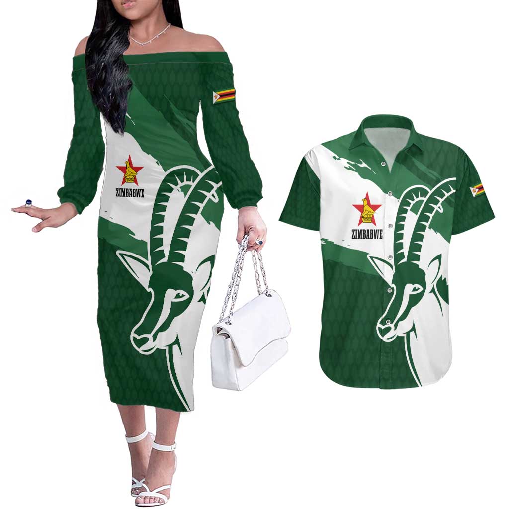 Zimbabwe Rugby Personalized Grunge Couples Matching Off The Shoulder Long Sleeve Dress and Hawaiian Shirt GO Sables - Wonder Print Shop