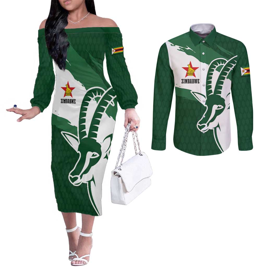 Zimbabwe Rugby Personalized Grunge Couples Matching Off The Shoulder Long Sleeve Dress and Long Sleeve Button Shirt GO Sables - Wonder Print Shop