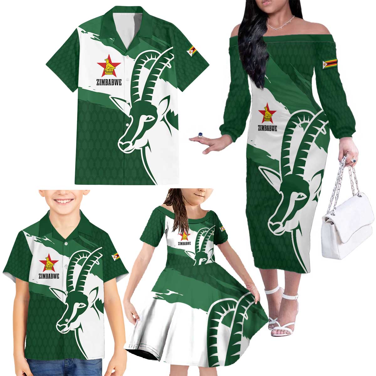 Zimbabwe Rugby Personalized Grunge Family Matching Off The Shoulder Long Sleeve Dress and Hawaiian Shirt GO Sables - Wonder Print Shop