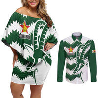 Zimbabwe Rugby The Sables Personalized Couples Matching Off Shoulder Short Dress and Long Sleeve Button Shirt Retro Jersey Inspired - Wonder Print Shop