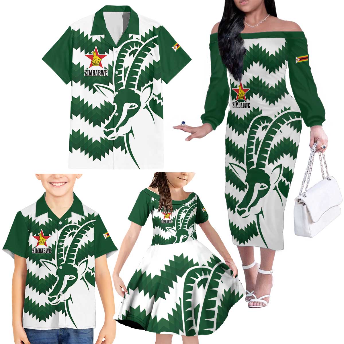 Zimbabwe Rugby The Sables Personalized Family Matching Off The Shoulder Long Sleeve Dress and Hawaiian Shirt Retro Jersey Inspired - Wonder Print Shop