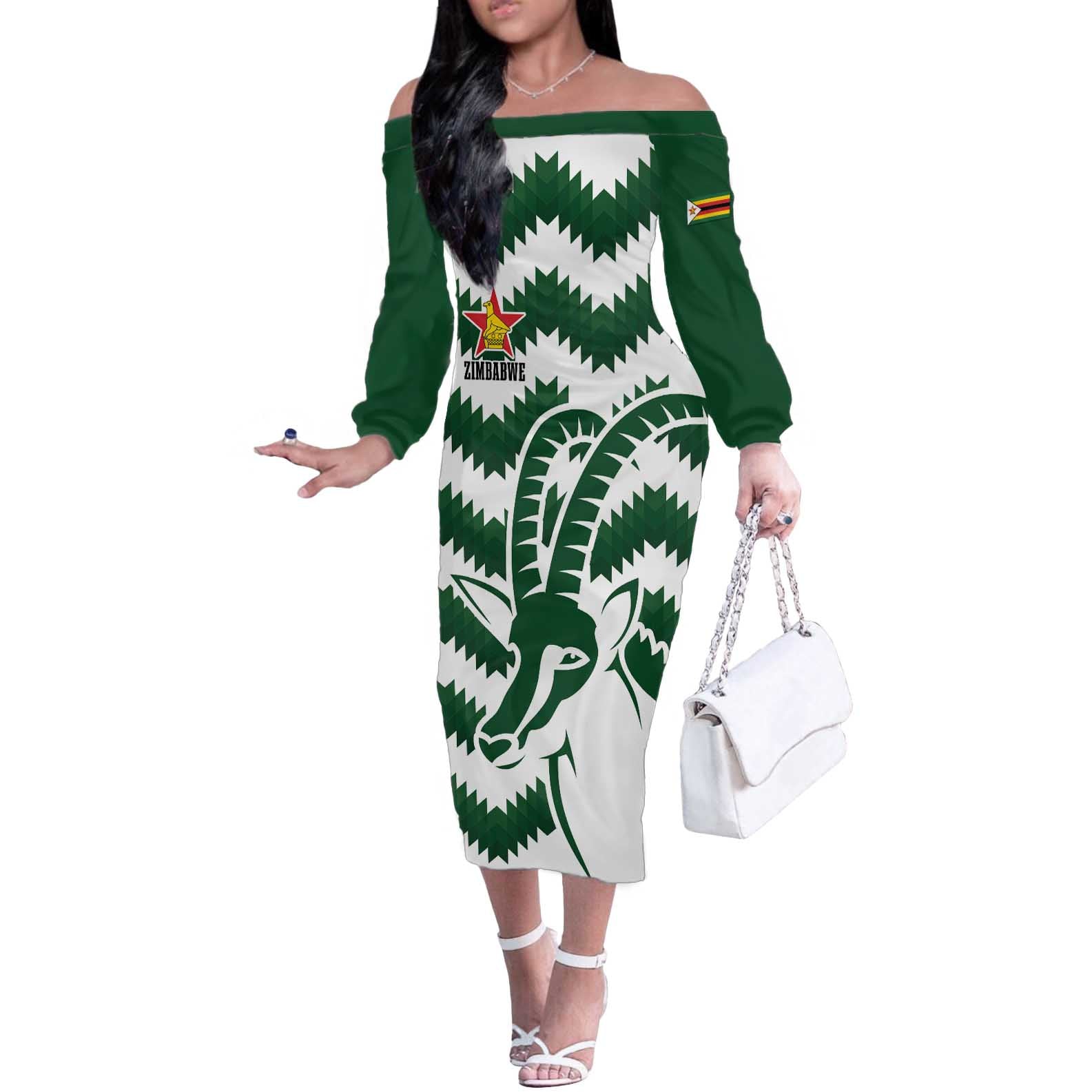 Zimbabwe Rugby The Sables Personalized Off The Shoulder Long Sleeve Dress Retro Jersey Inspired - Wonder Print Shop