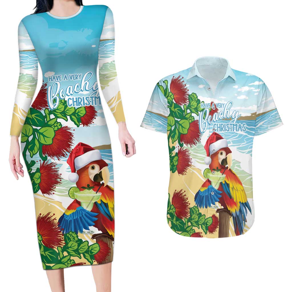 Have A Very Beach Christmas Couples Matching Long Sleeve Bodycon Dress and Hawaiian Shirt Parrot By Lehua Flower - Wonder Print Shop