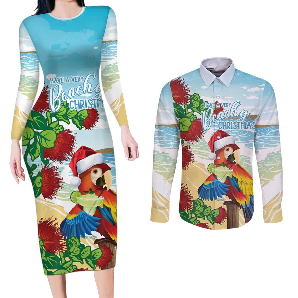 Have A Very Beach Christmas Couples Matching Long Sleeve Bodycon Dress and Long Sleeve Button Shirt Parrot By Lehua Flower - Wonder Print Shop