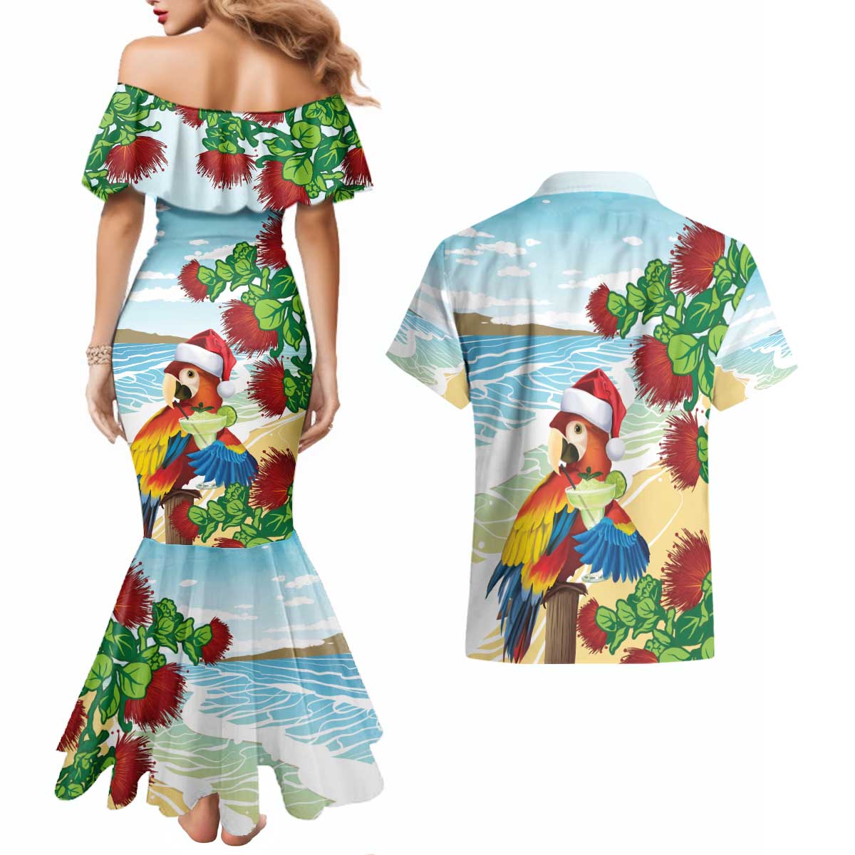 Have A Very Beach Christmas Couples Matching Mermaid Dress and Hawaiian Shirt Parrot By Lehua Flower - Wonder Print Shop