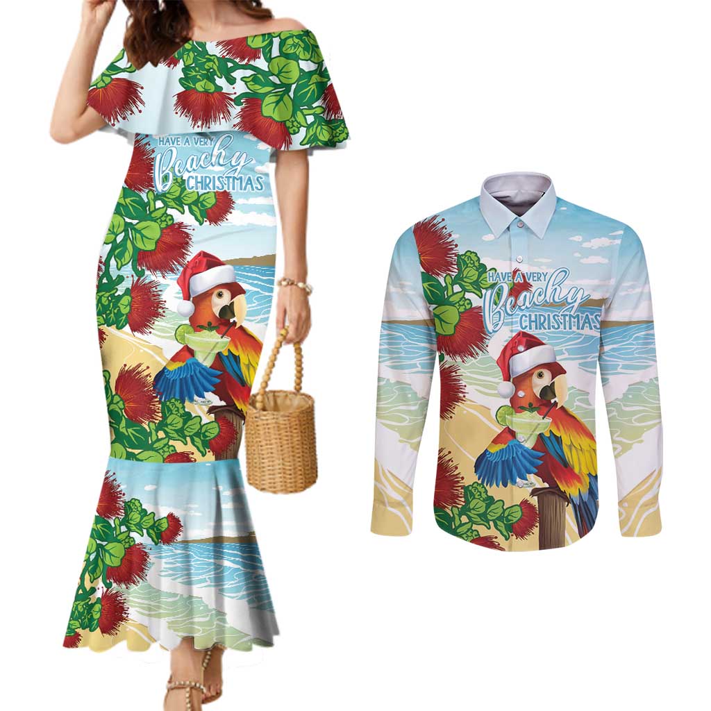 Have A Very Beach Christmas Couples Matching Mermaid Dress and Long Sleeve Button Shirt Parrot By Lehua Flower - Wonder Print Shop