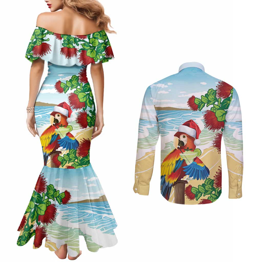 Have A Very Beach Christmas Couples Matching Mermaid Dress and Long Sleeve Button Shirt Parrot By Lehua Flower - Wonder Print Shop