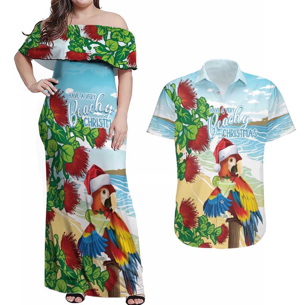 Have A Very Beach Christmas Couples Matching Off Shoulder Maxi Dress and Hawaiian Shirt Parrot By Lehua Flower - Wonder Print Shop