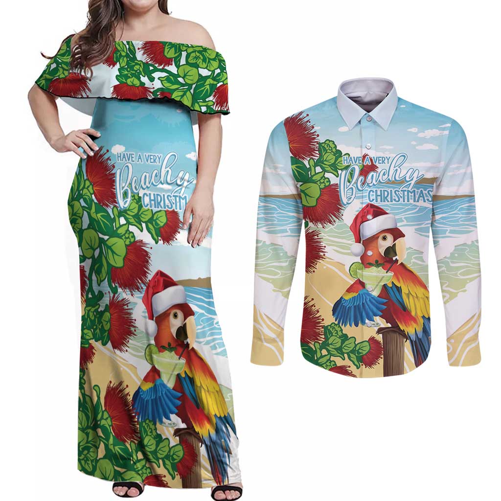 Have A Very Beach Christmas Couples Matching Off Shoulder Maxi Dress and Long Sleeve Button Shirt Parrot By Lehua Flower - Wonder Print Shop