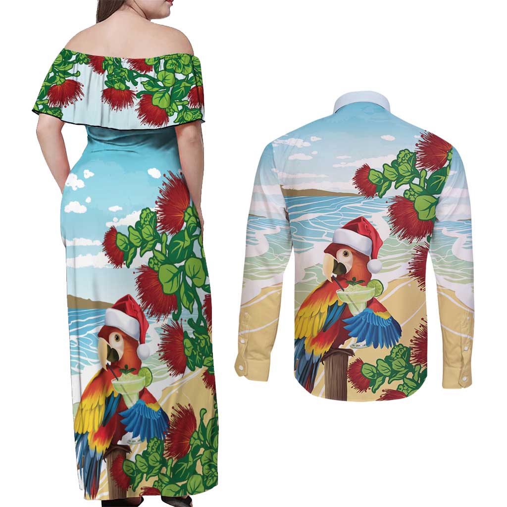 Have A Very Beach Christmas Couples Matching Off Shoulder Maxi Dress and Long Sleeve Button Shirt Parrot By Lehua Flower - Wonder Print Shop