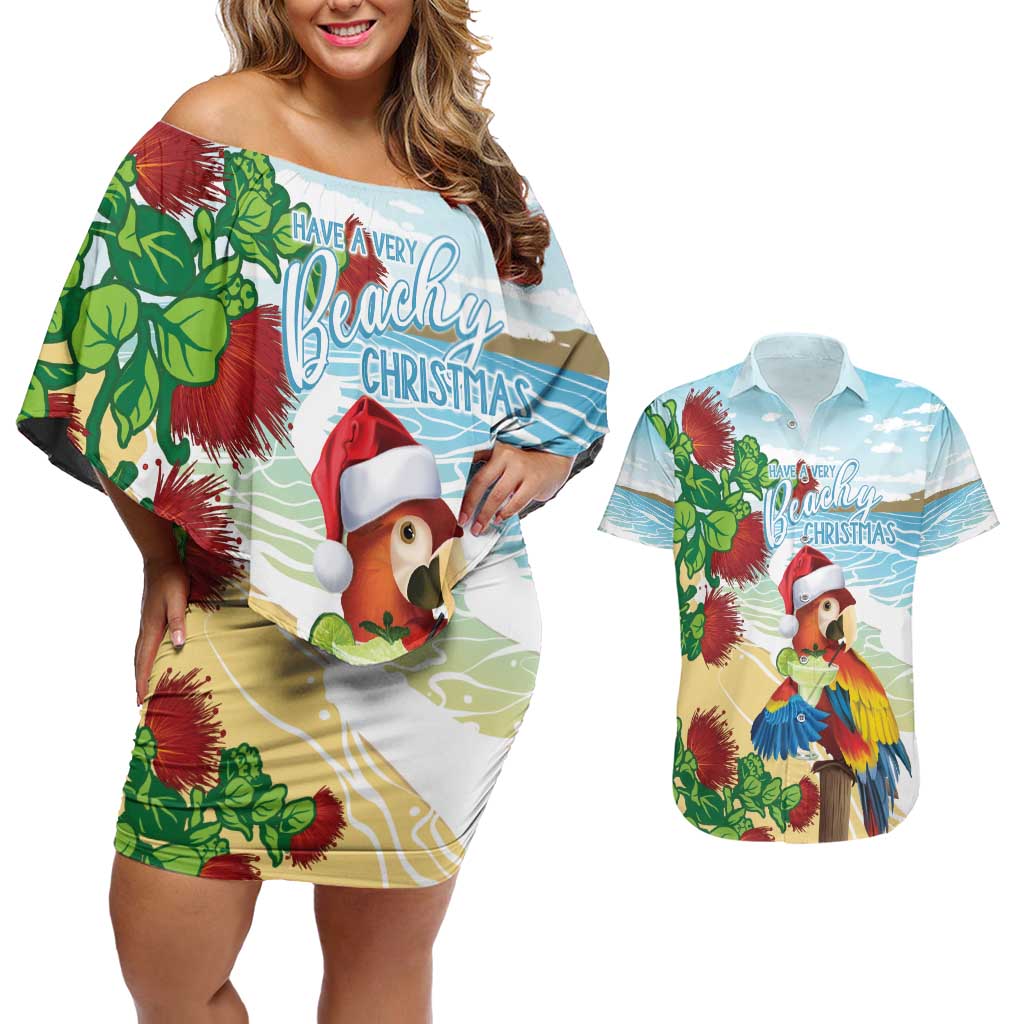 Have A Very Beach Christmas Couples Matching Off Shoulder Short Dress and Hawaiian Shirt Parrot By Lehua Flower - Wonder Print Shop
