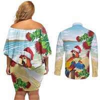 Have A Very Beach Christmas Couples Matching Off Shoulder Short Dress and Long Sleeve Button Shirt Parrot By Lehua Flower - Wonder Print Shop