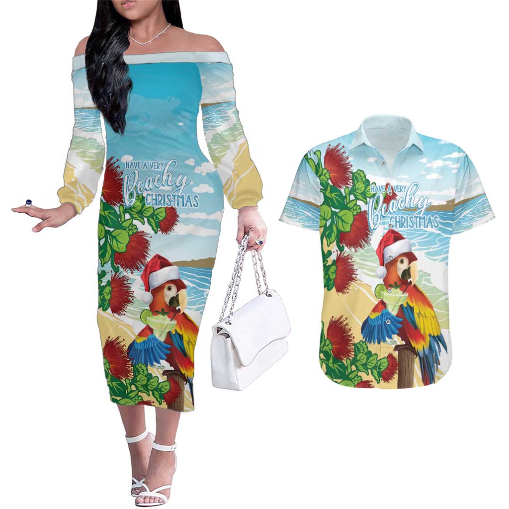 Have A Very Beach Christmas Couples Matching Off The Shoulder Long Sleeve Dress and Hawaiian Shirt Parrot By Lehua Flower - Wonder Print Shop