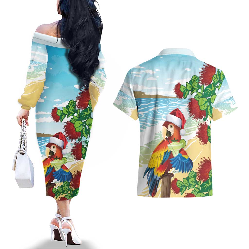 Have A Very Beach Christmas Couples Matching Off The Shoulder Long Sleeve Dress and Hawaiian Shirt Parrot By Lehua Flower - Wonder Print Shop