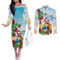 Have A Very Beach Christmas Couples Matching Off The Shoulder Long Sleeve Dress and Long Sleeve Button Shirt Parrot By Lehua Flower - Wonder Print Shop