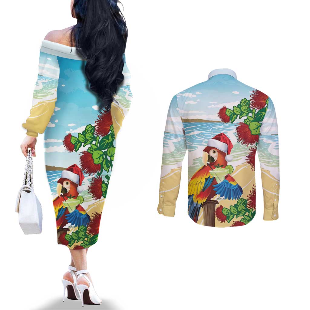 Have A Very Beach Christmas Couples Matching Off The Shoulder Long Sleeve Dress and Long Sleeve Button Shirt Parrot By Lehua Flower - Wonder Print Shop
