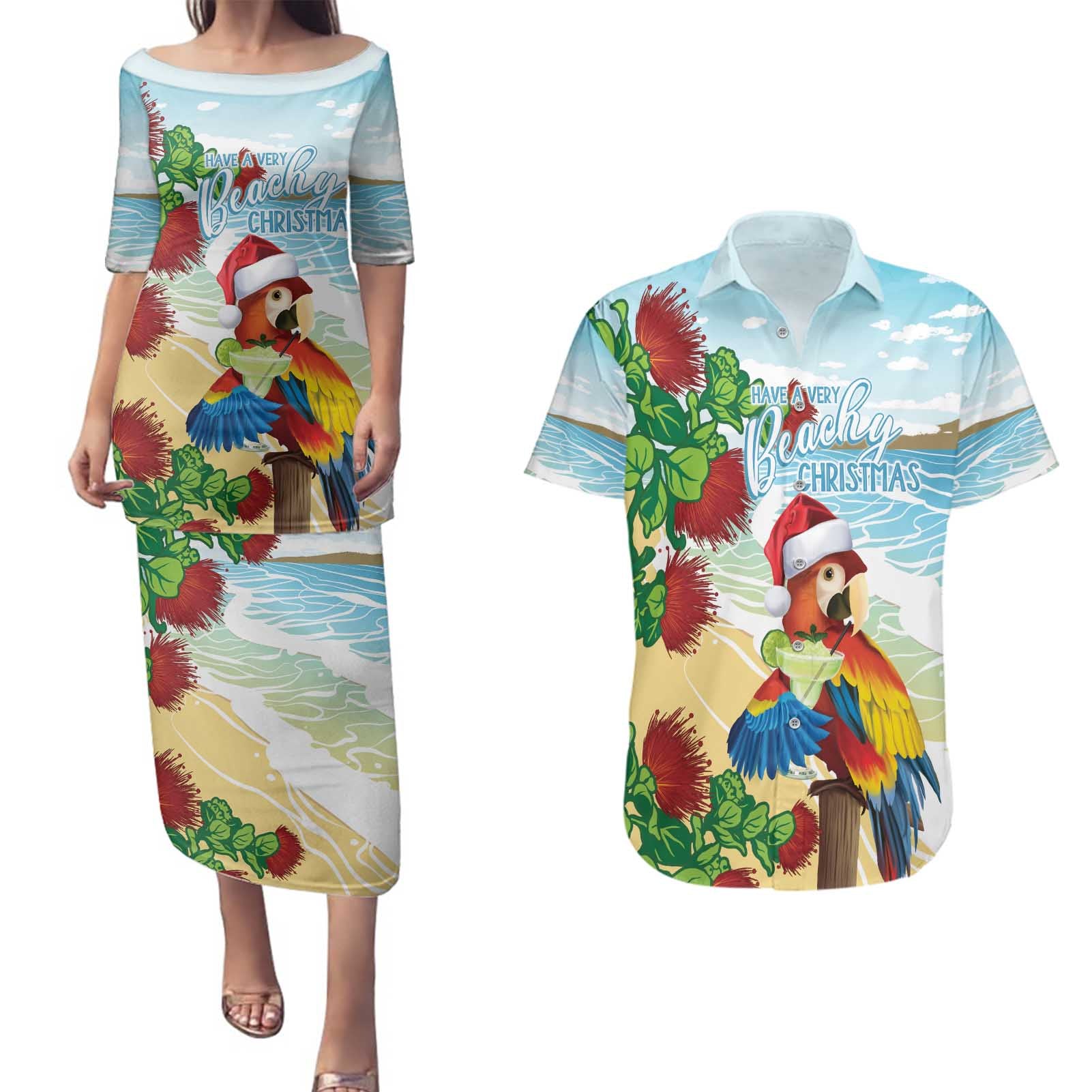 Have A Very Beach Christmas Couples Matching Puletasi and Hawaiian Shirt Parrot By Lehua Flower - Wonder Print Shop