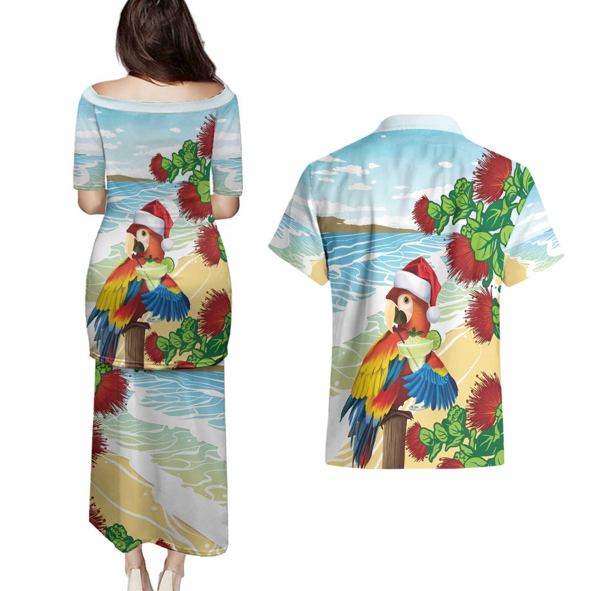 Have A Very Beach Christmas Couples Matching Puletasi and Hawaiian Shirt Parrot By Lehua Flower - Wonder Print Shop