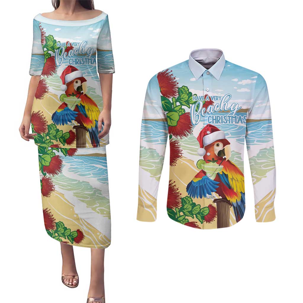 Have A Very Beach Christmas Couples Matching Puletasi and Long Sleeve Button Shirt Parrot By Lehua Flower - Wonder Print Shop