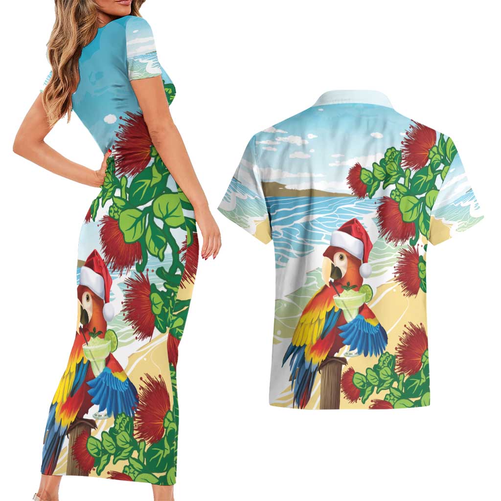 Have A Very Beach Christmas Couples Matching Short Sleeve Bodycon Dress and Hawaiian Shirt Parrot By Lehua Flower - Wonder Print Shop