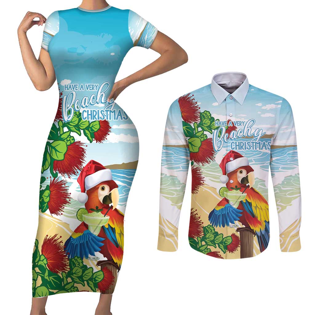 Have A Very Beach Christmas Couples Matching Short Sleeve Bodycon Dress and Long Sleeve Button Shirt Parrot By Lehua Flower - Wonder Print Shop