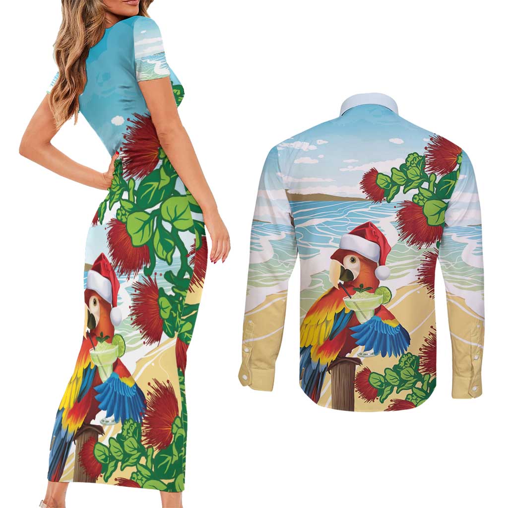 Have A Very Beach Christmas Couples Matching Short Sleeve Bodycon Dress and Long Sleeve Button Shirt Parrot By Lehua Flower - Wonder Print Shop