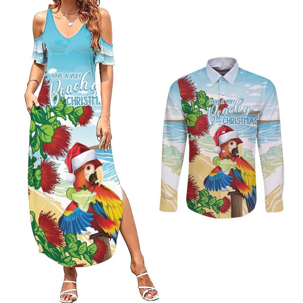 Have A Very Beach Christmas Couples Matching Summer Maxi Dress and Long Sleeve Button Shirt Parrot By Lehua Flower - Wonder Print Shop
