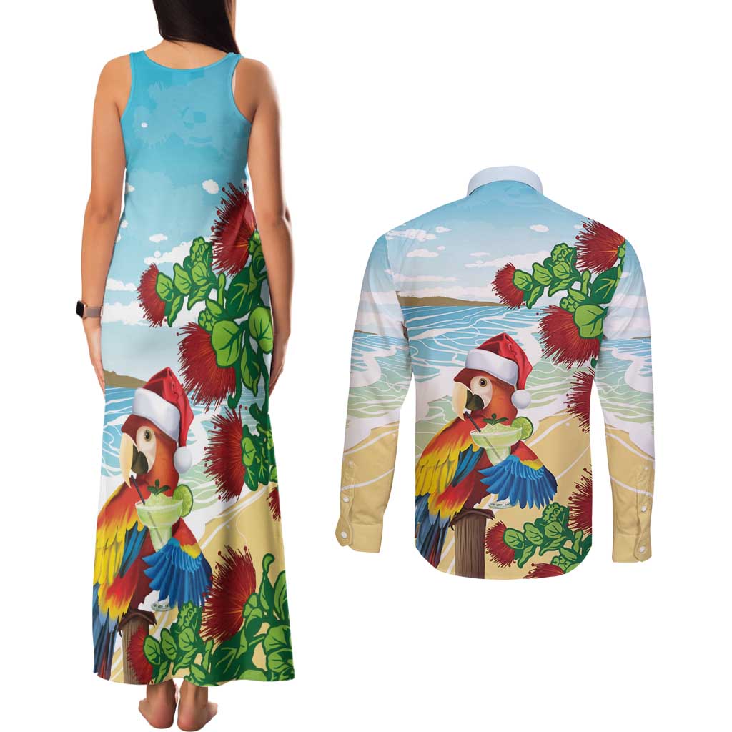 Have A Very Beach Christmas Couples Matching Tank Maxi Dress and Long Sleeve Button Shirt Parrot By Lehua Flower - Wonder Print Shop