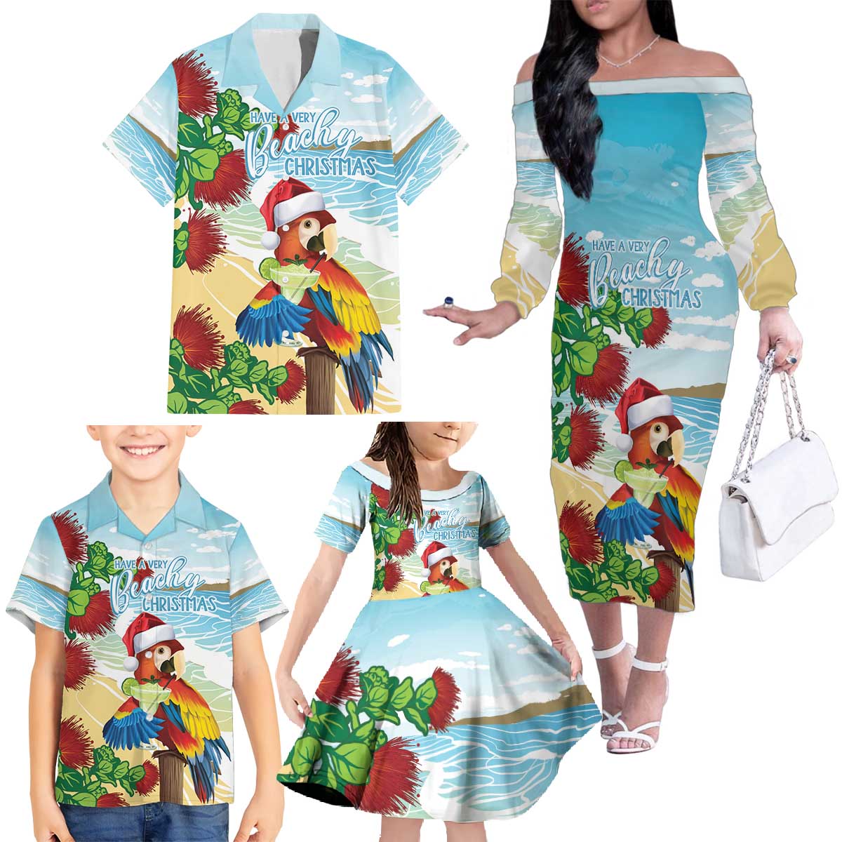 Have A Very Beach Christmas Family Matching Off The Shoulder Long Sleeve Dress and Hawaiian Shirt Parrot By Lehua Flower - Wonder Print Shop