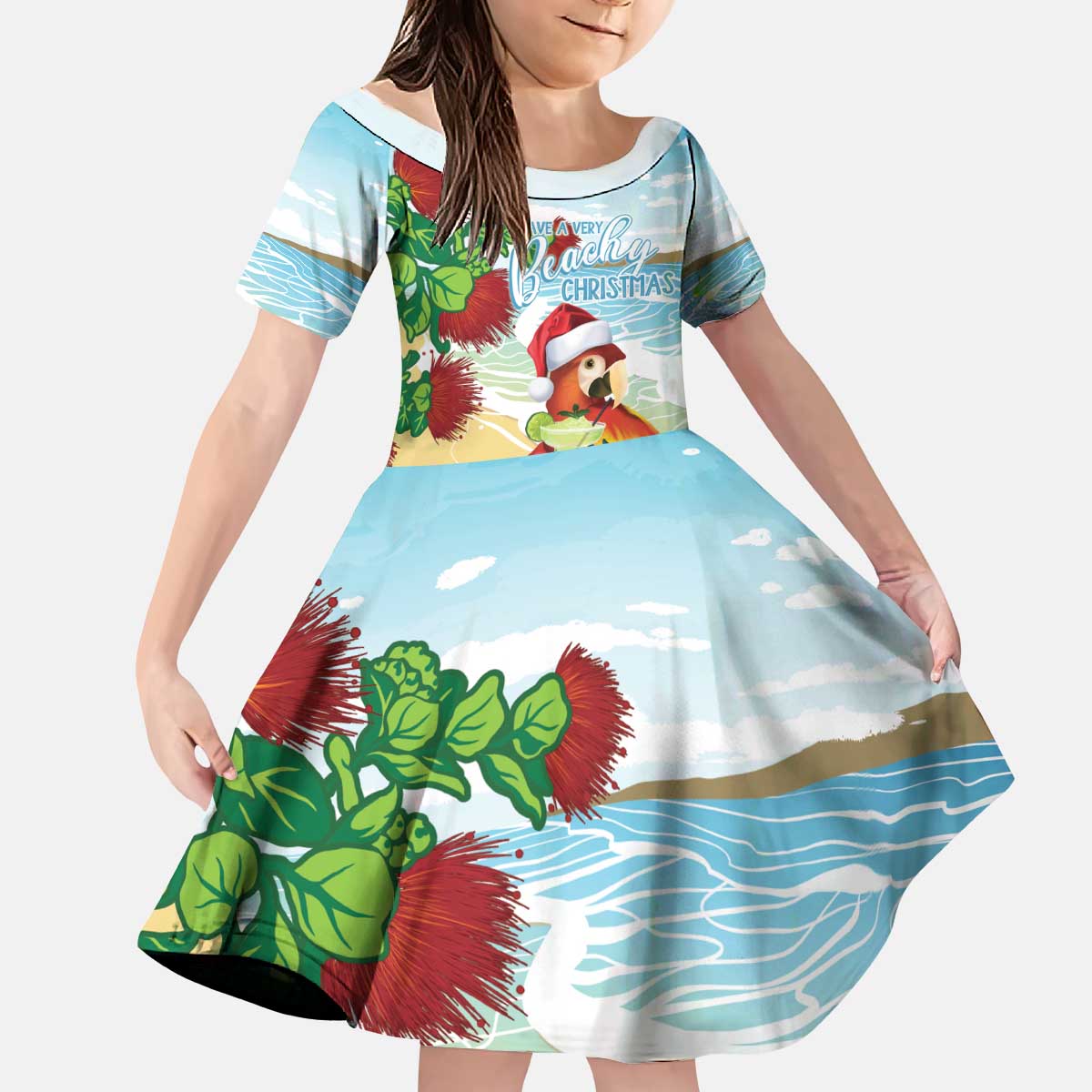 Have A Very Beach Christmas Kid Short Sleeve Dress Parrot By Lehua Flower - Wonder Print Shop
