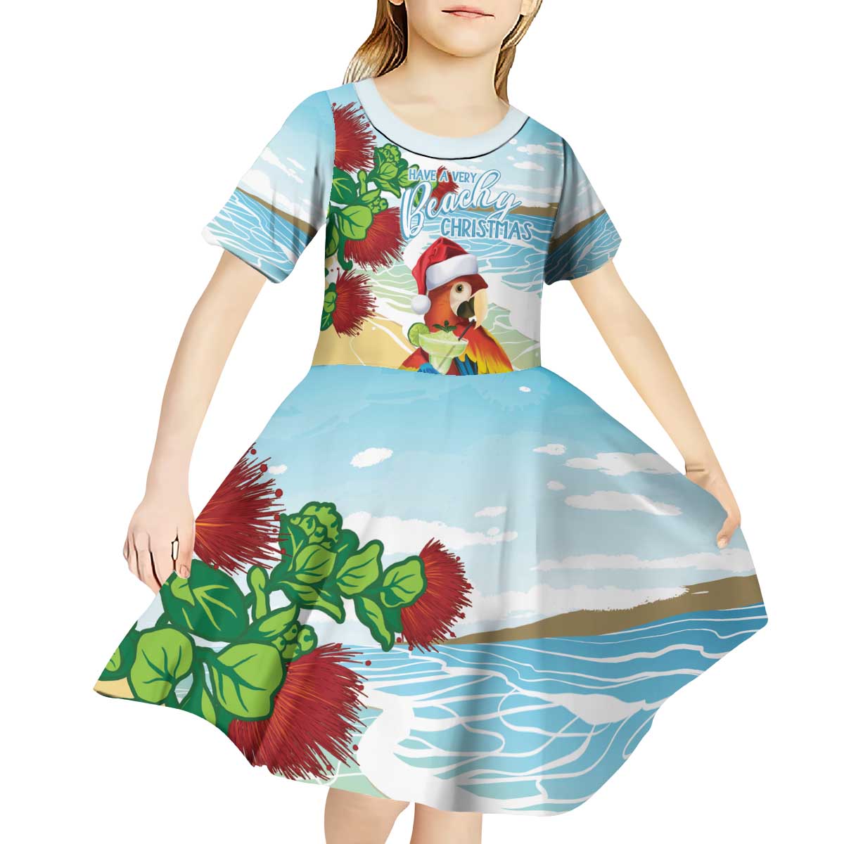 Have A Very Beach Christmas Kid Short Sleeve Dress Parrot By Lehua Flower - Wonder Print Shop