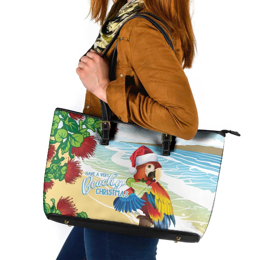 Have A Very Beach Christmas Leather Tote Bag Parrot By Lehua Flower - Wonder Print Shop