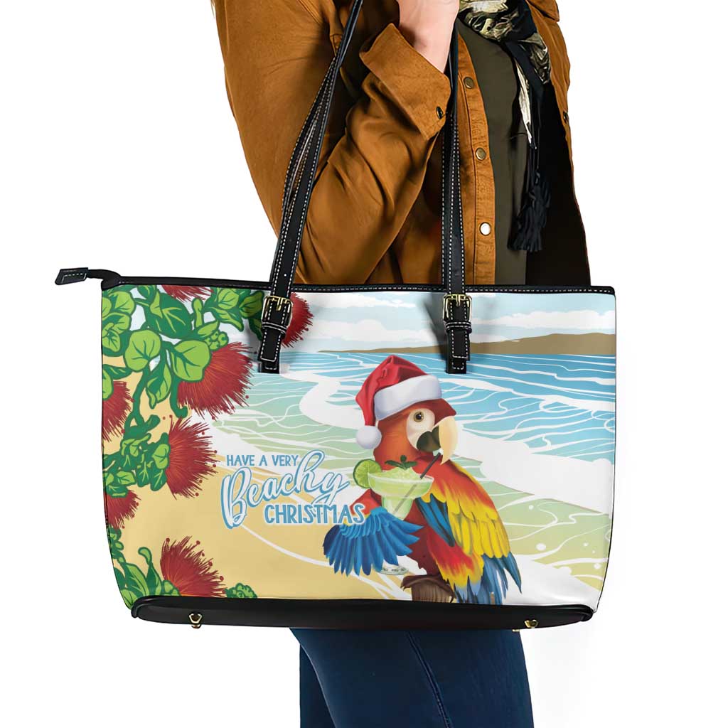 Have A Very Beach Christmas Leather Tote Bag Parrot By Lehua Flower - Wonder Print Shop