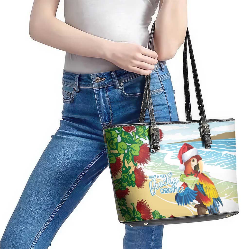 Have A Very Beach Christmas Leather Tote Bag Parrot By Lehua Flower - Wonder Print Shop