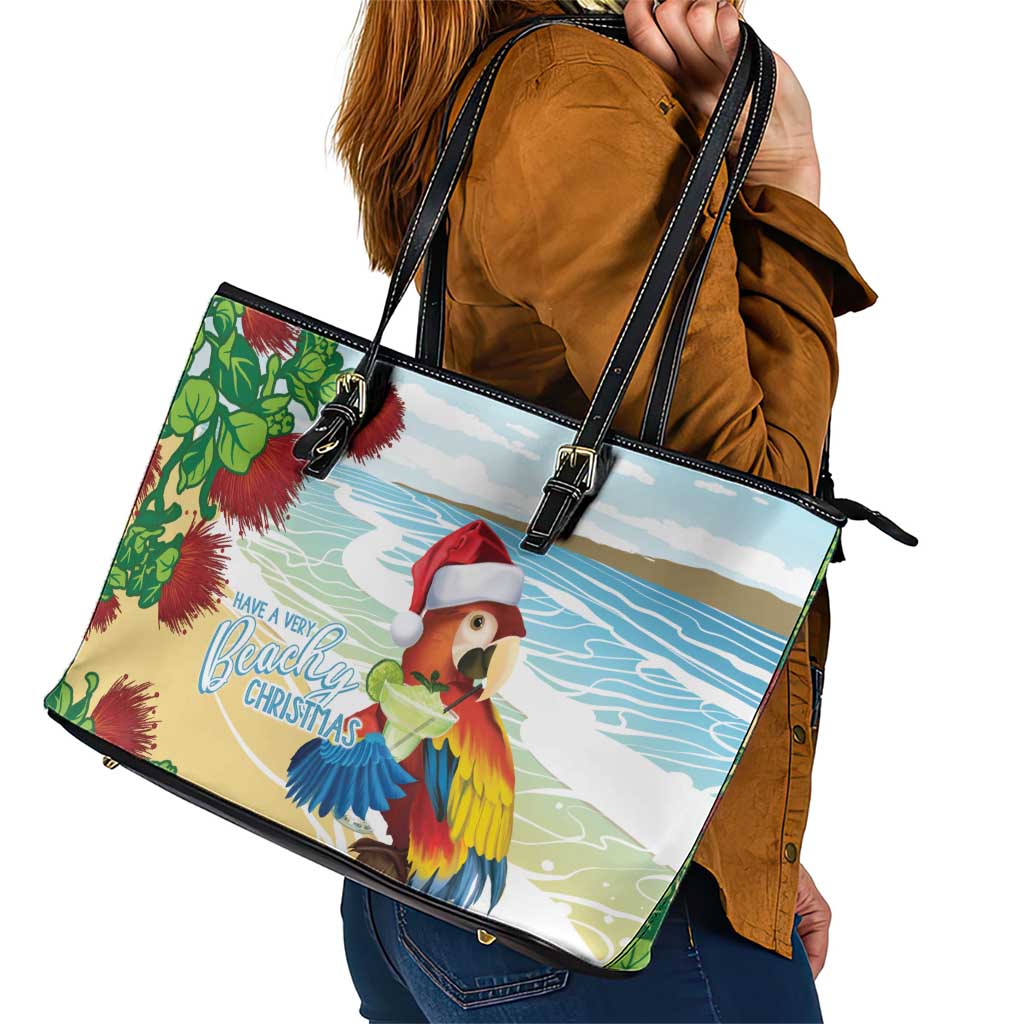 Have A Very Beach Christmas Leather Tote Bag Parrot By Lehua Flower - Wonder Print Shop