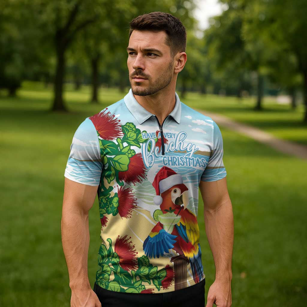 Have A Very Beach Christmas Zipper Polo Shirt Parrot By Lehua Flower - Wonder Print Shop