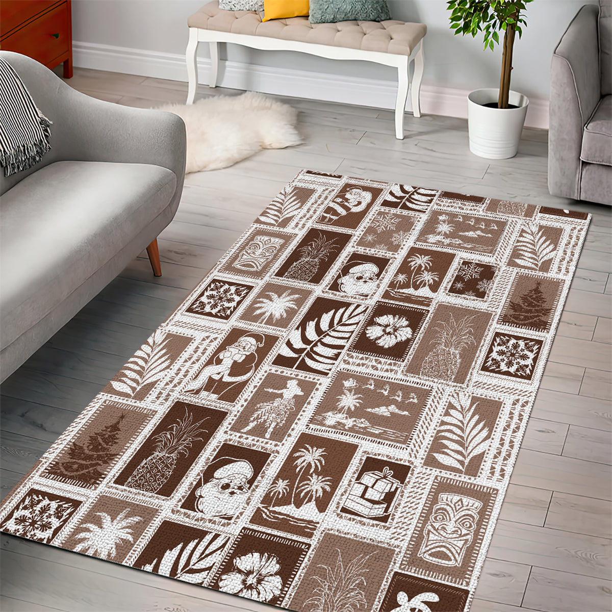 Hawaii Christmas Retro Patchwork Area Rug Brown LT7 - Wonder Print Shop